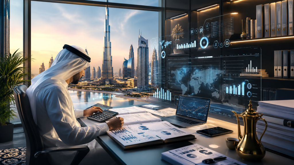 Generate a professional style modern corporate, UAE business, accounting, finance theme. Include charts, calculators, office, documents